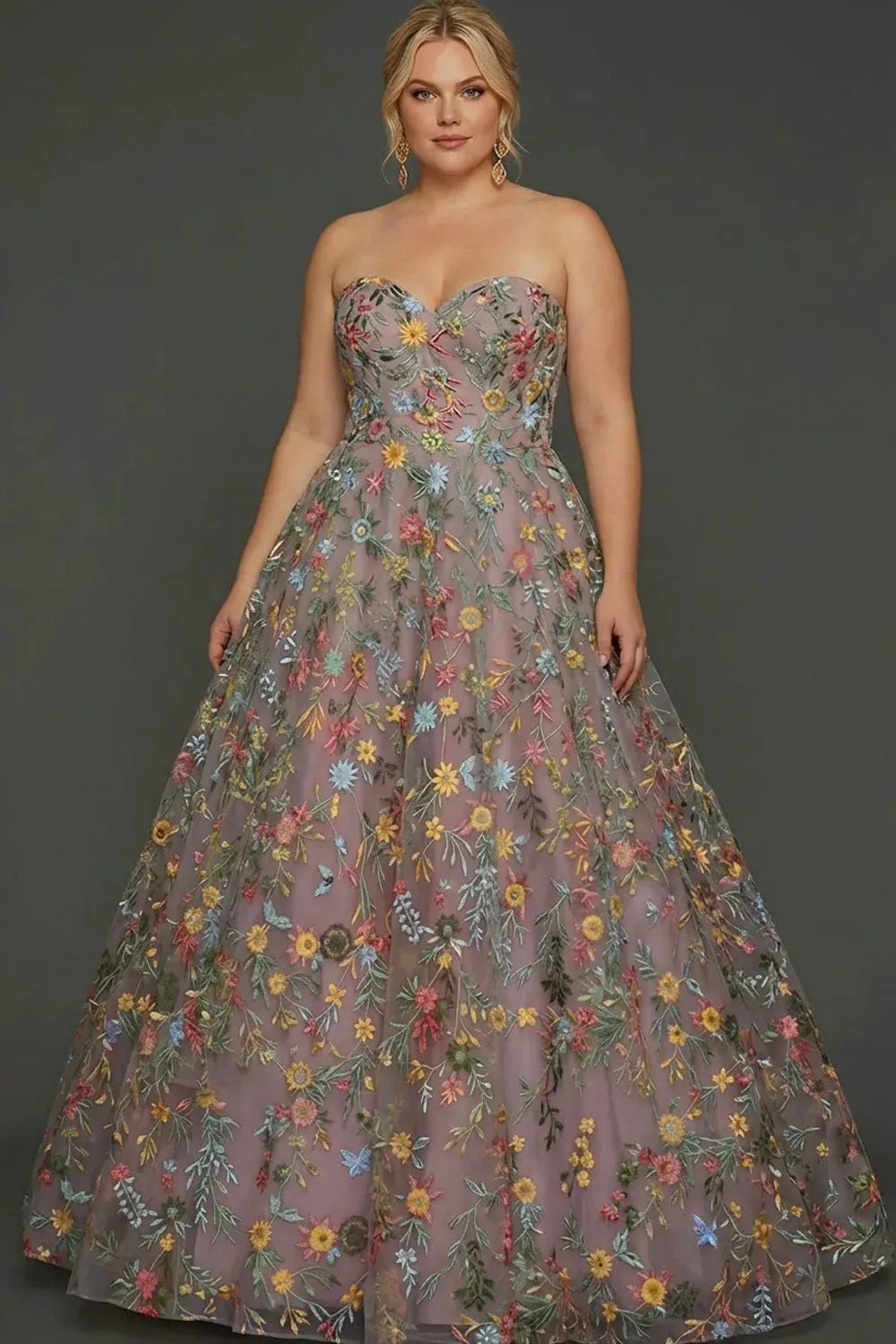 Front view of Loverlm mauve floral prom dress with a strapless sweetheart neckline, colorful botanical embroidery and full A-line floor-length skirt