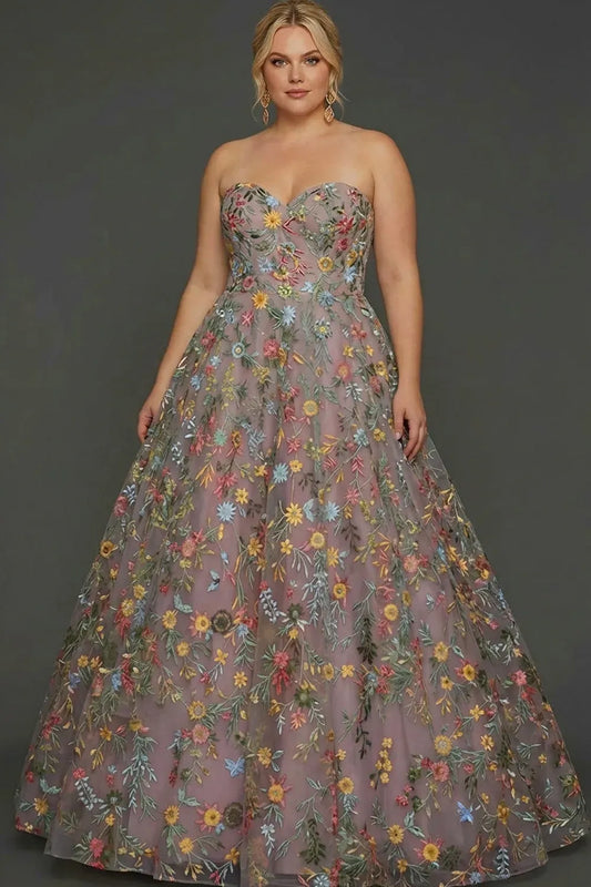 Front view of Loverlm mauve floral prom dress with a strapless sweetheart neckline, colorful botanical embroidery and full A-line floor-length skirt