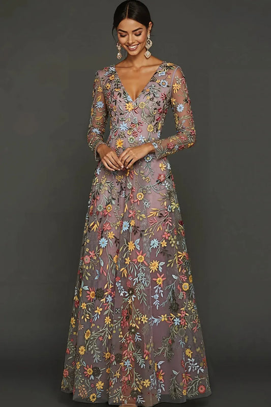 Loverlm mauve floral embroidered A-line wedding guest dress with V-neckline, sheer long sleeves, fitted waist and floor-length skirt, front view