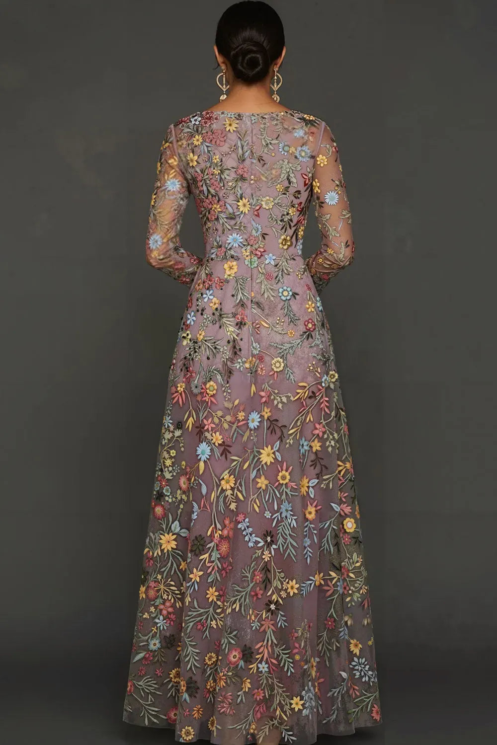 Elegant Floral A-Line V-Neck Long-Sleeve Illusion-Back Floor-Length Wedding Guest Dress