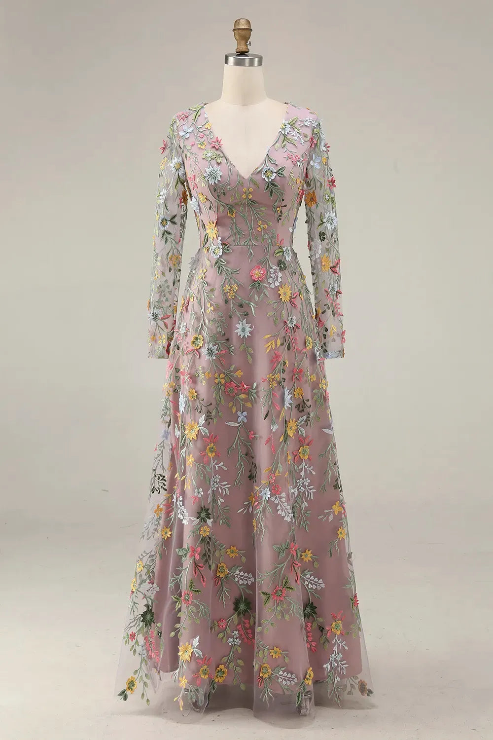 Elegant Floral A-Line V-Neck Long-Sleeve Illusion-Back Floor-Length Wedding Guest Dress
