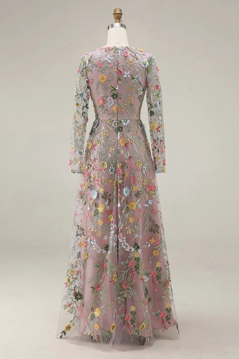 Elegant Floral A-Line V-Neck Long-Sleeve Illusion-Back Floor-Length Wedding Guest Dress