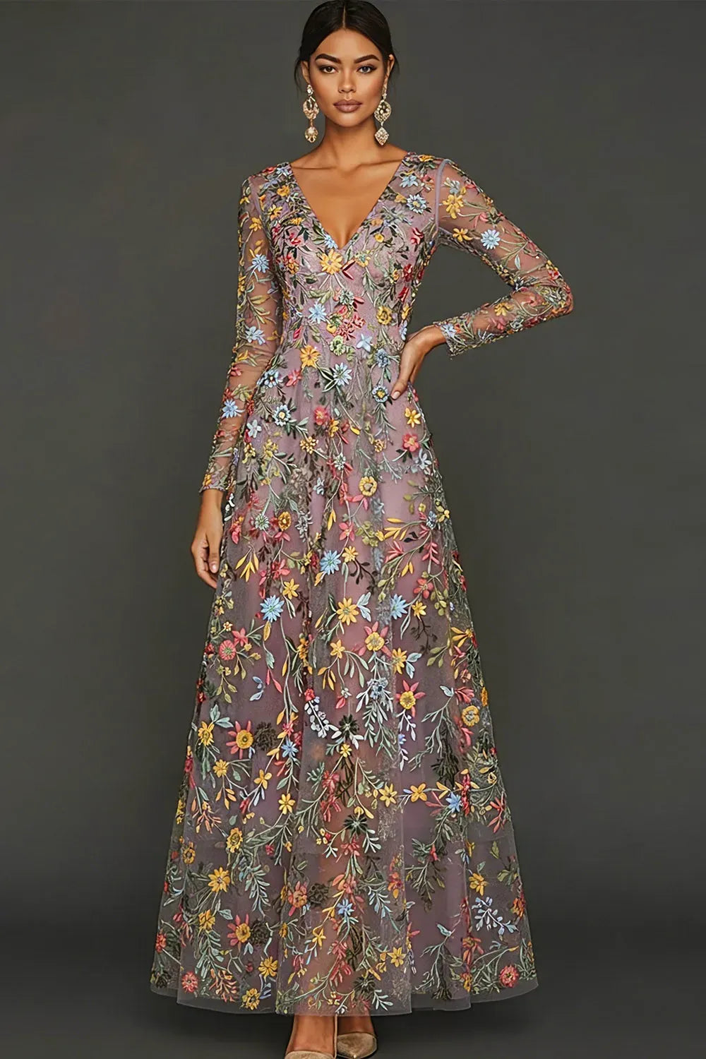 Elegant Floral A-Line V-Neck Long-Sleeve Illusion-Back Floor-Length Wedding Guest Dress