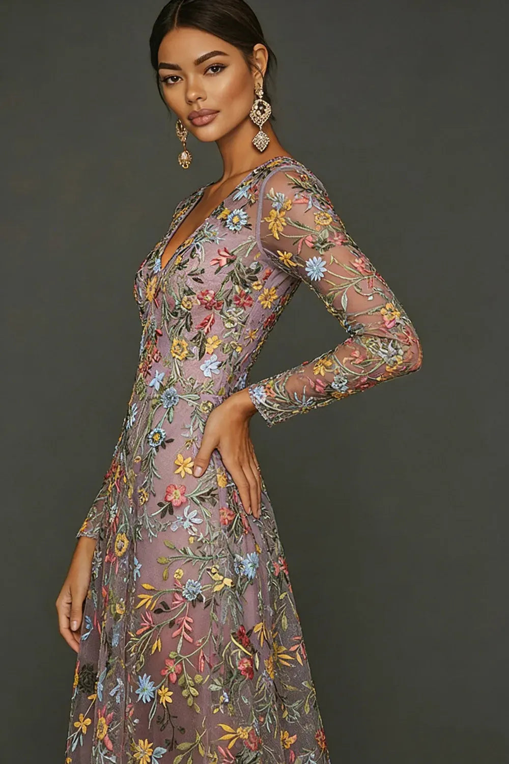 Elegant Floral A-Line V-Neck Long-Sleeve Illusion-Back Floor-Length Wedding Guest Dress