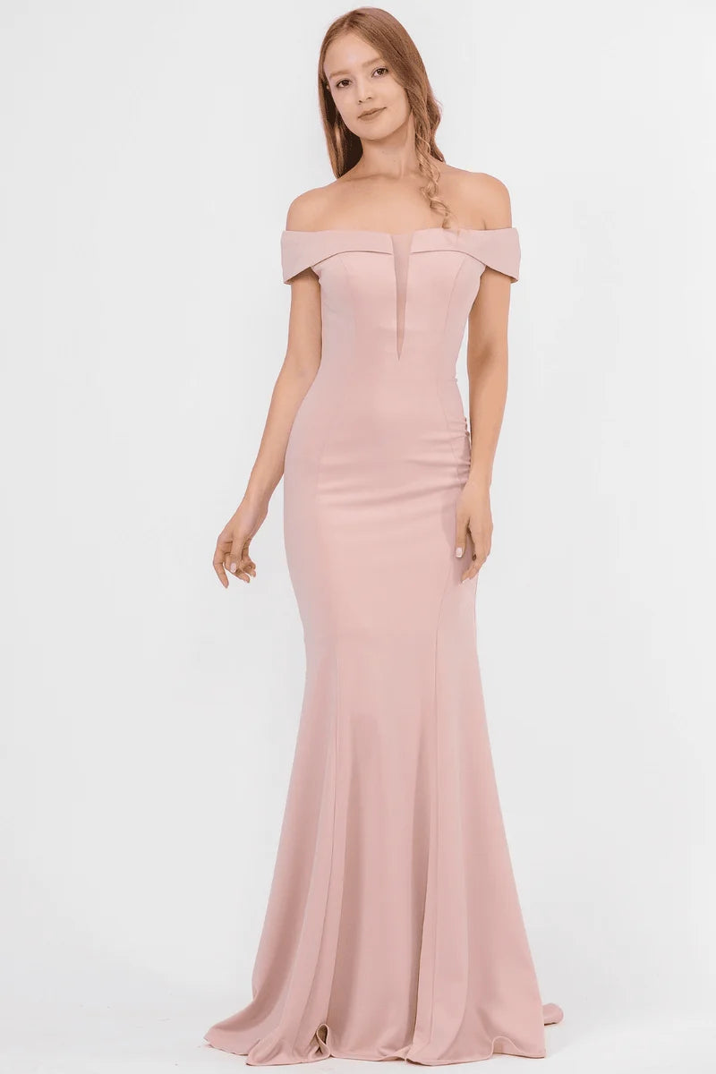 Loverlm mauve bridesmaid dress with off-shoulder V-neck fitted bodice and floor-length mermaid silhouette