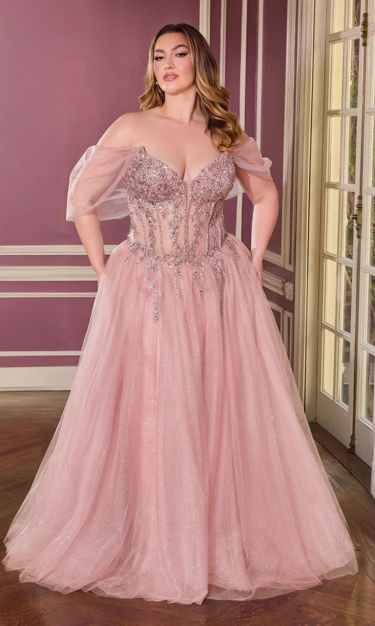 Mauve pink plus size ball gown prom dress with off shoulder tulle sleeves, plunging sweetheart neckline, sparkling embroidered corset and full glitter tulle skirt by Loverlm
