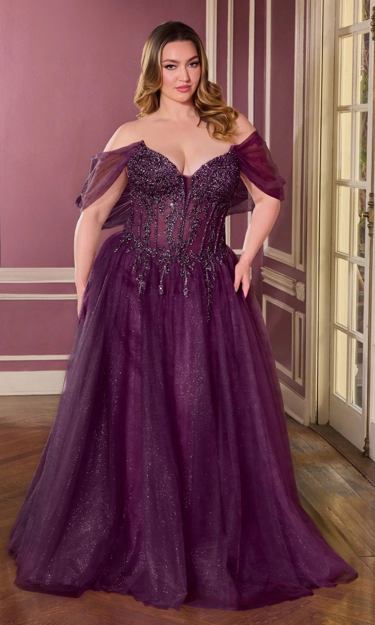 Romantic Ball Gown Sweetheart Off Shoulder Glitter Tulle Plus Size Prom Dress