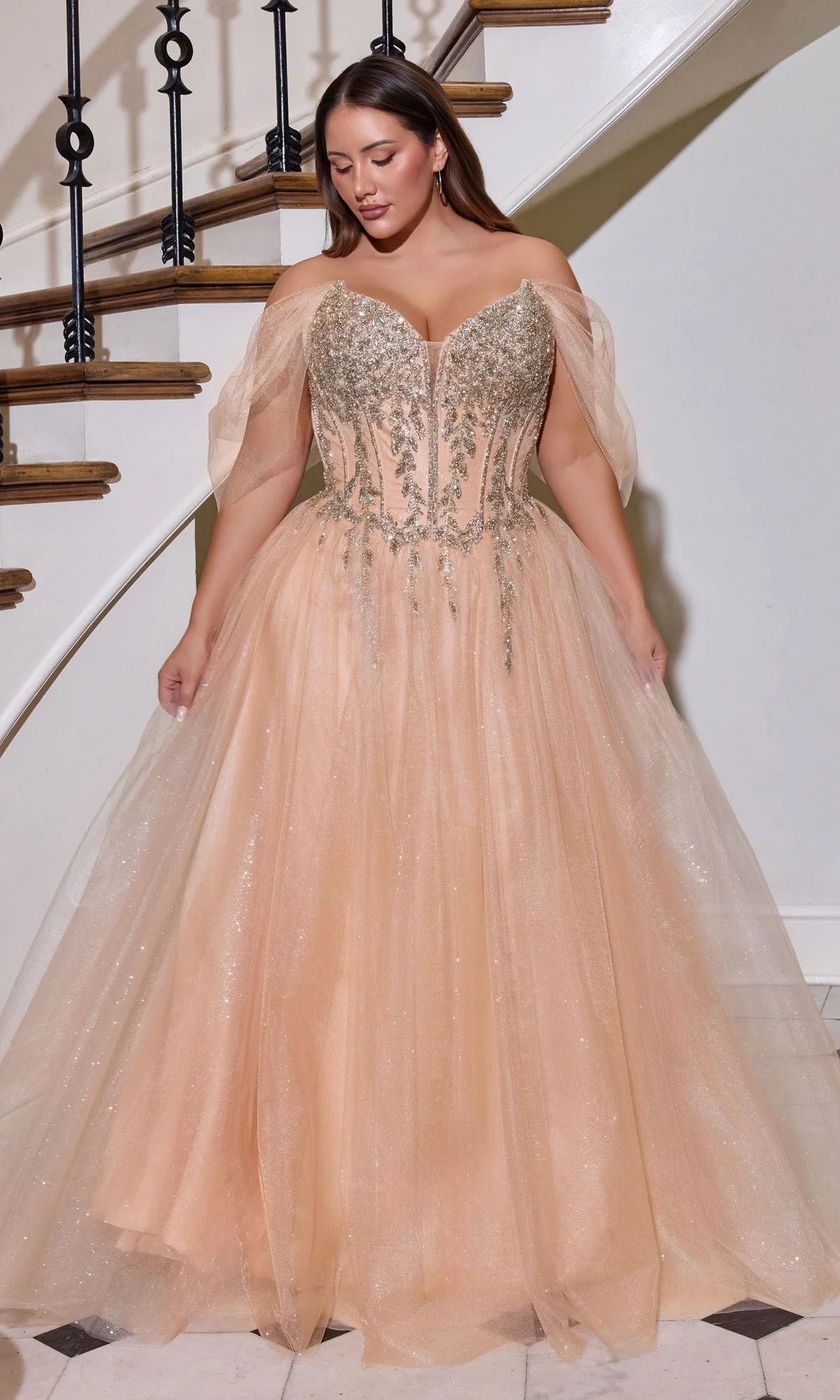 Romantic Ball Gown Sweetheart Off Shoulder Glitter Tulle Plus Size Prom Dress