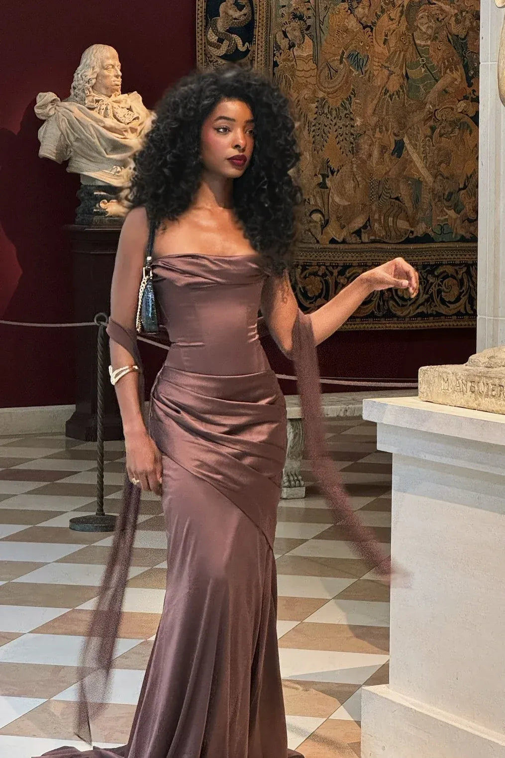 Front view elegant mauve satin mermaid prom dress, strapless draped cowl neck gown with long flowing ribbons and small train by Loverlm