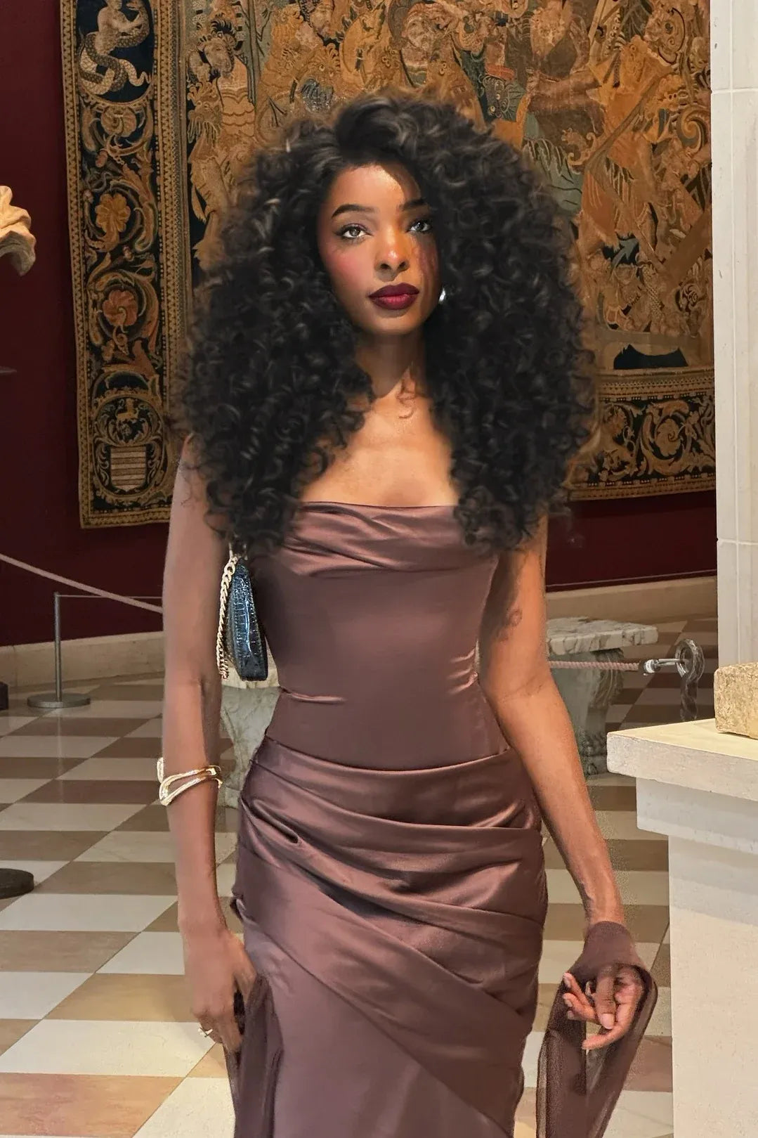 Elegant Mauve Satin Strapless Draped Mermaid Long Prom Dress With Flowing Ribbons