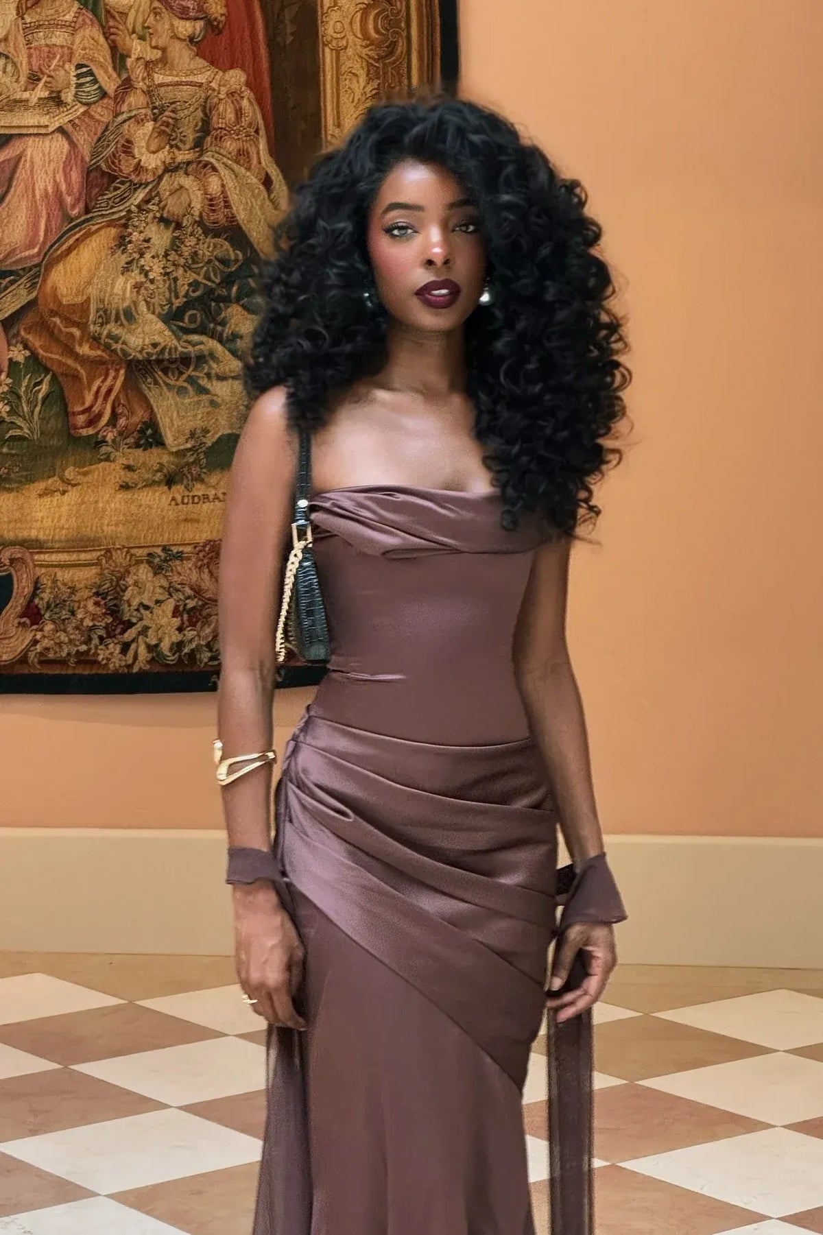 Elegant Mauve Satin Strapless Draped Mermaid Long Prom Dress With Flowing Ribbons