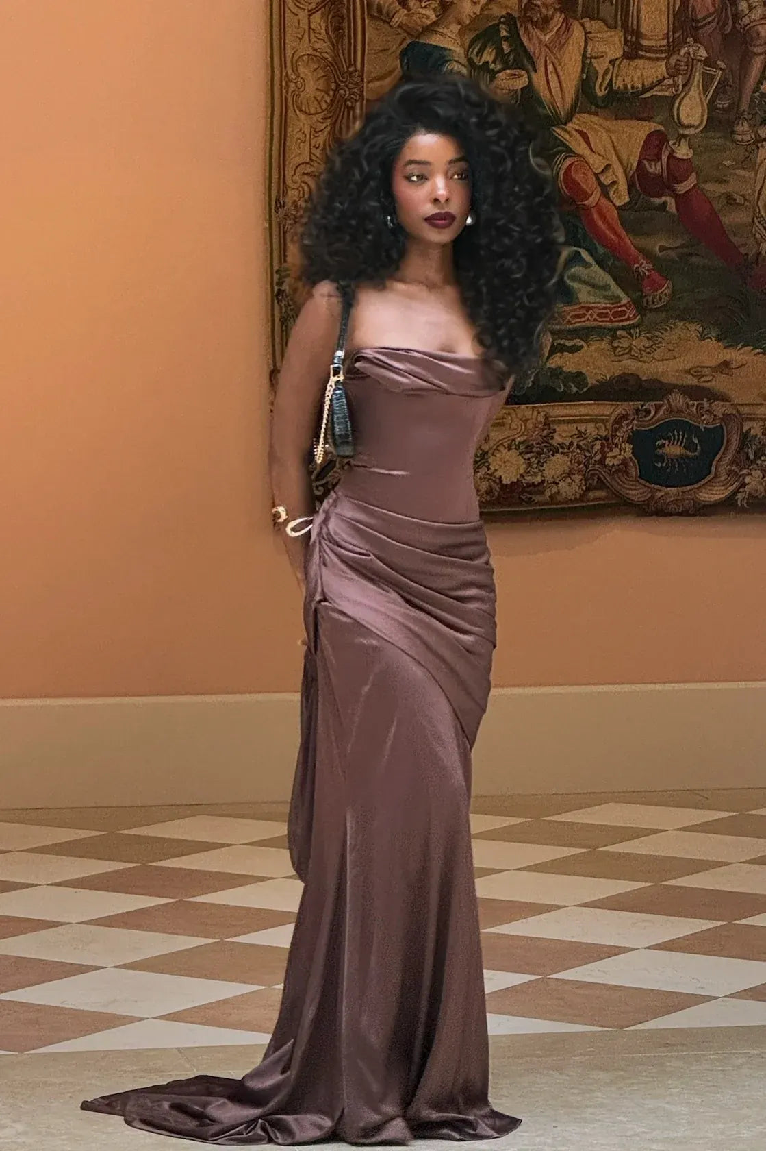 Elegant Mauve Satin Strapless Draped Mermaid Long Prom Dress With Flowing Ribbons