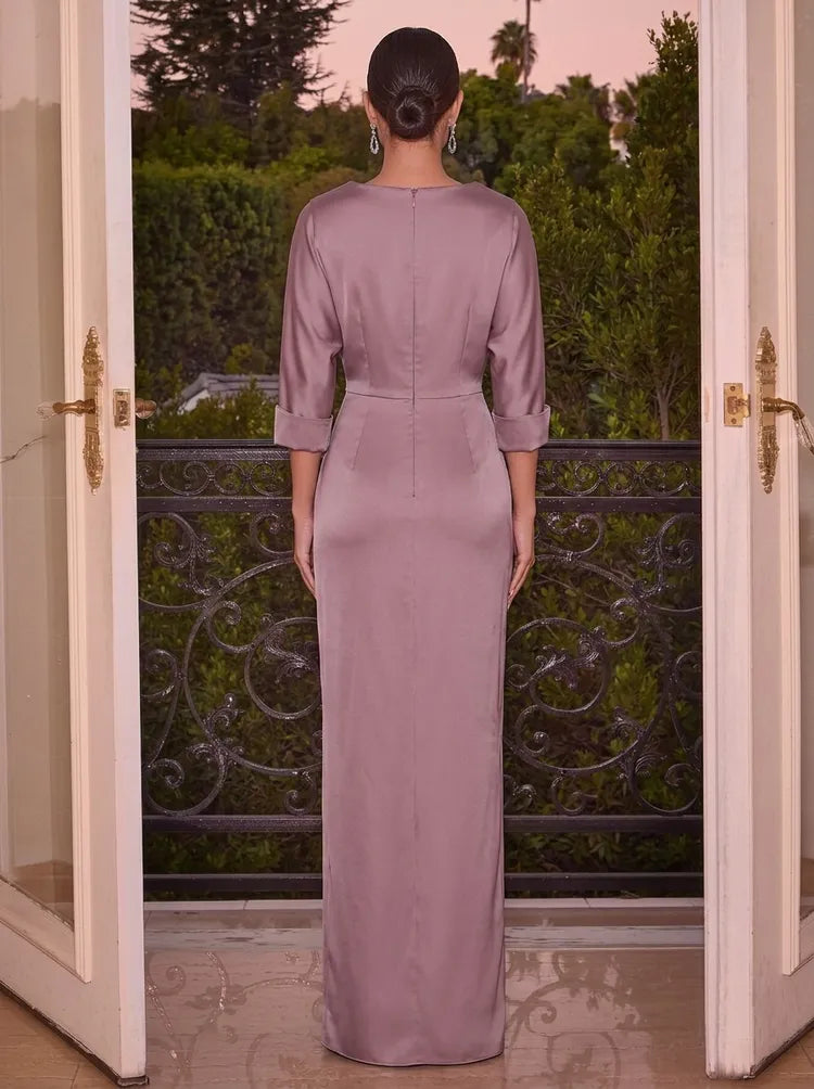 Elegant Sheath V-Neck Three-Quarter Sleeve Satin Floor-Length Wedding Guest Dress