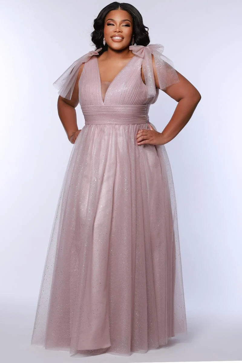 Romantic Plus Size A Line V Neck Sleeveless Glitter Tulle Prom Dress