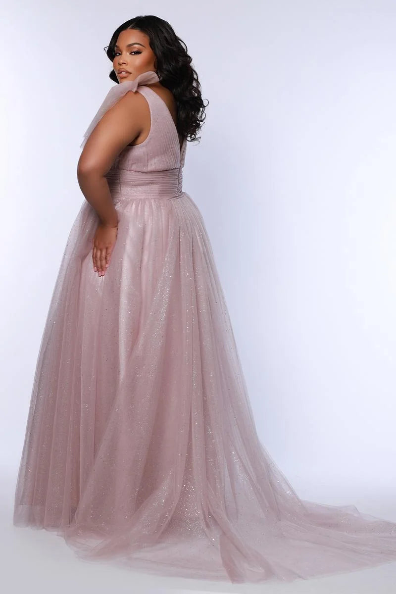 Romantic Plus Size A Line V Neck Sleeveless Glitter Tulle Prom Dress
