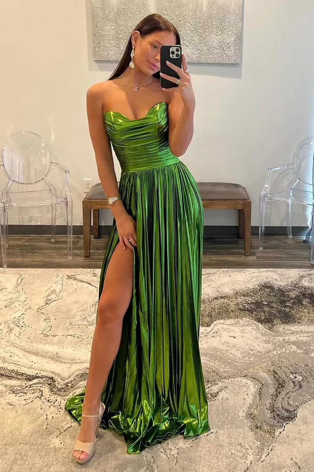 Glamorous A-Line Sweetheart Sleeveless Structured Back Floor-Length Metallic Prom Dress