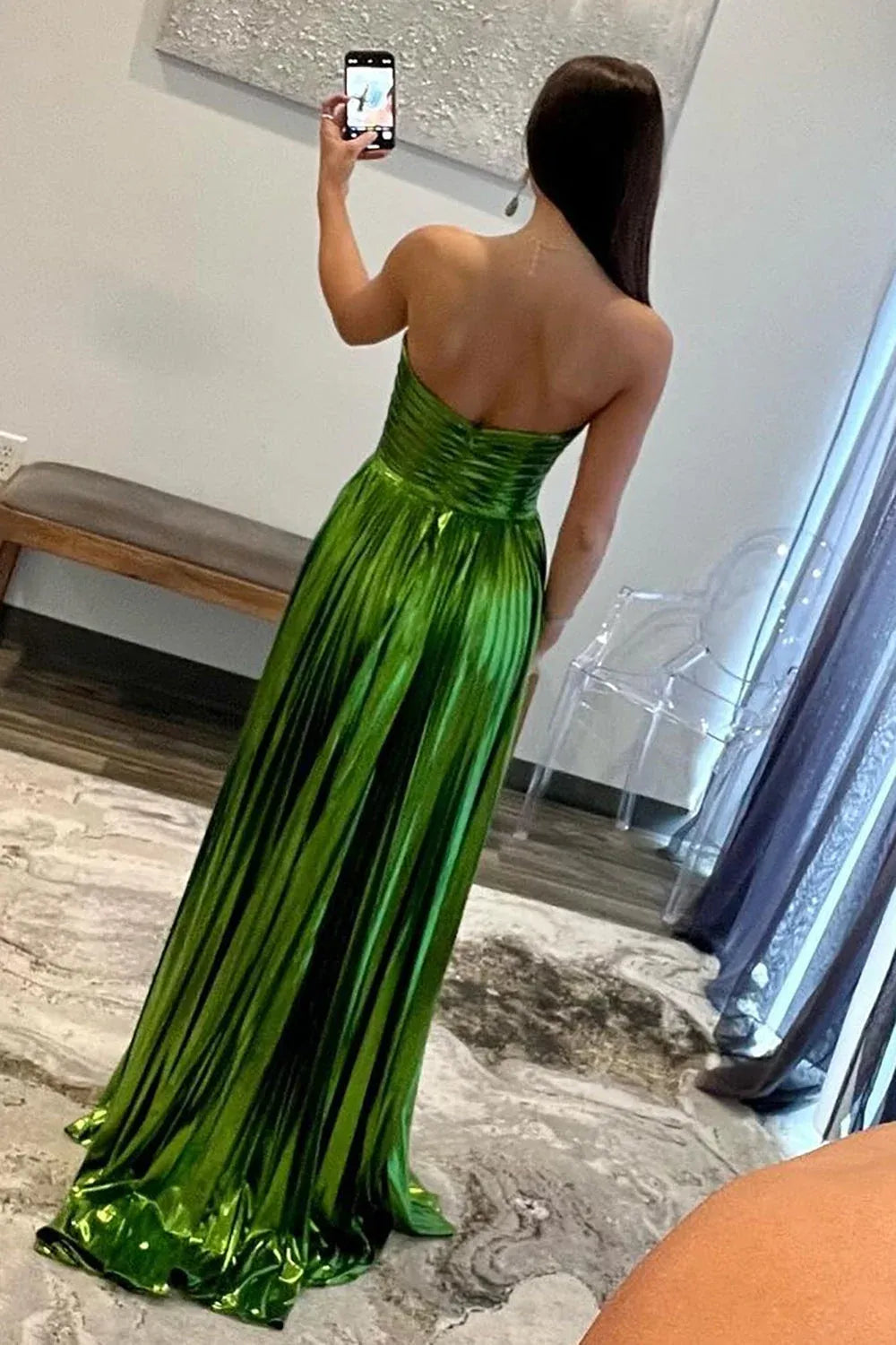 Glamorous A-Line Sweetheart Sleeveless Structured Back Floor-Length Metallic Prom Dress