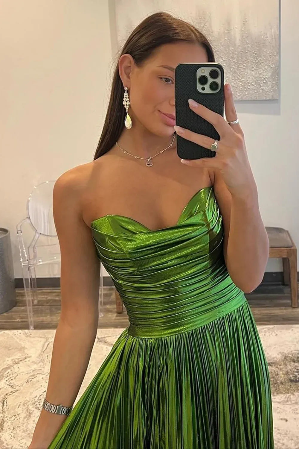 Glamorous A-Line Sweetheart Sleeveless Structured Back Floor-Length Metallic Prom Dress