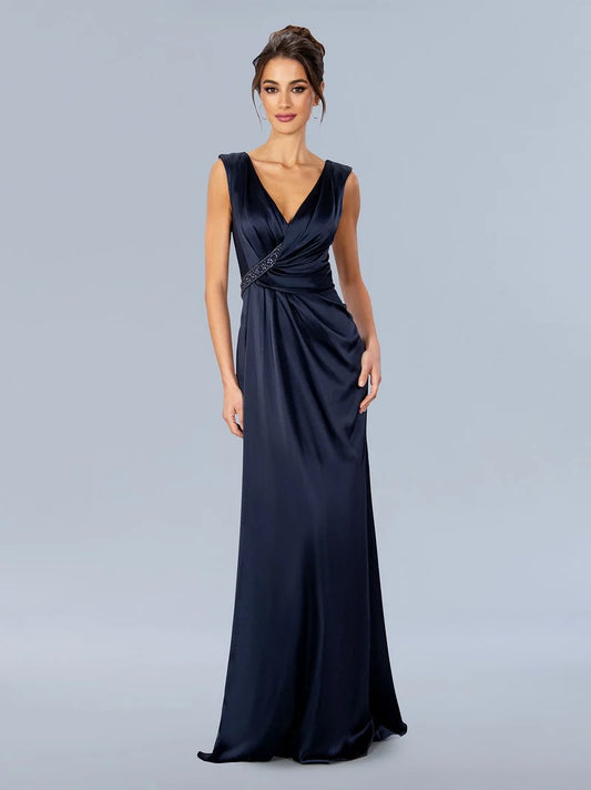 Loverlm midnight navy mother of the bride dress with V-neck sleeveless bodice draped waist beaded detail and floor-length column skirt