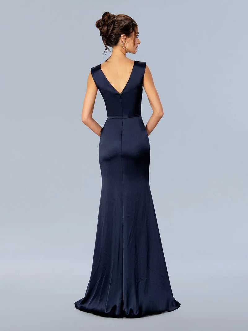 Elegant Column V-Neck Sleeveless V-Back Floor-Length Mother of the Bride Dress