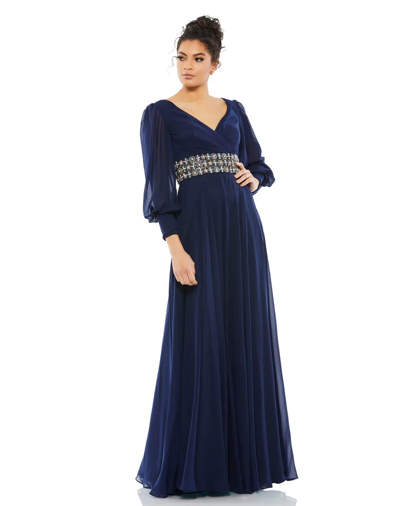 Loverlm midnight navy mother of the bride dress with V-neck long sheer sleeves beaded waist and flowing floor-length A-line skirt