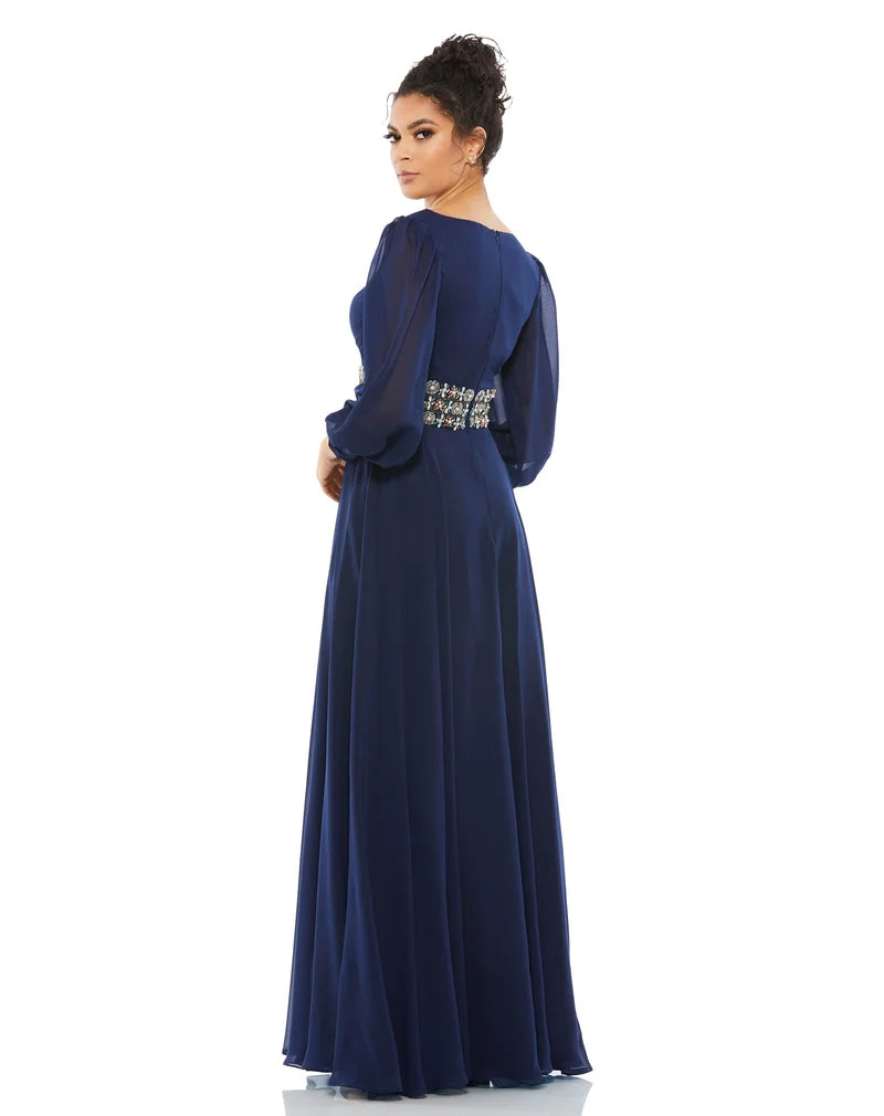 Elegant A-Line V-Neck Long-Sleeve Beaded-Waist Floor-Length Mother Dress