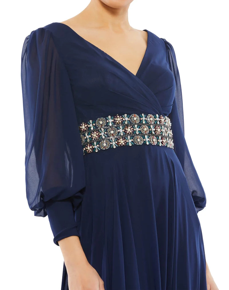 Elegant A-Line V-Neck Long-Sleeve Beaded-Waist Floor-Length Mother Dress