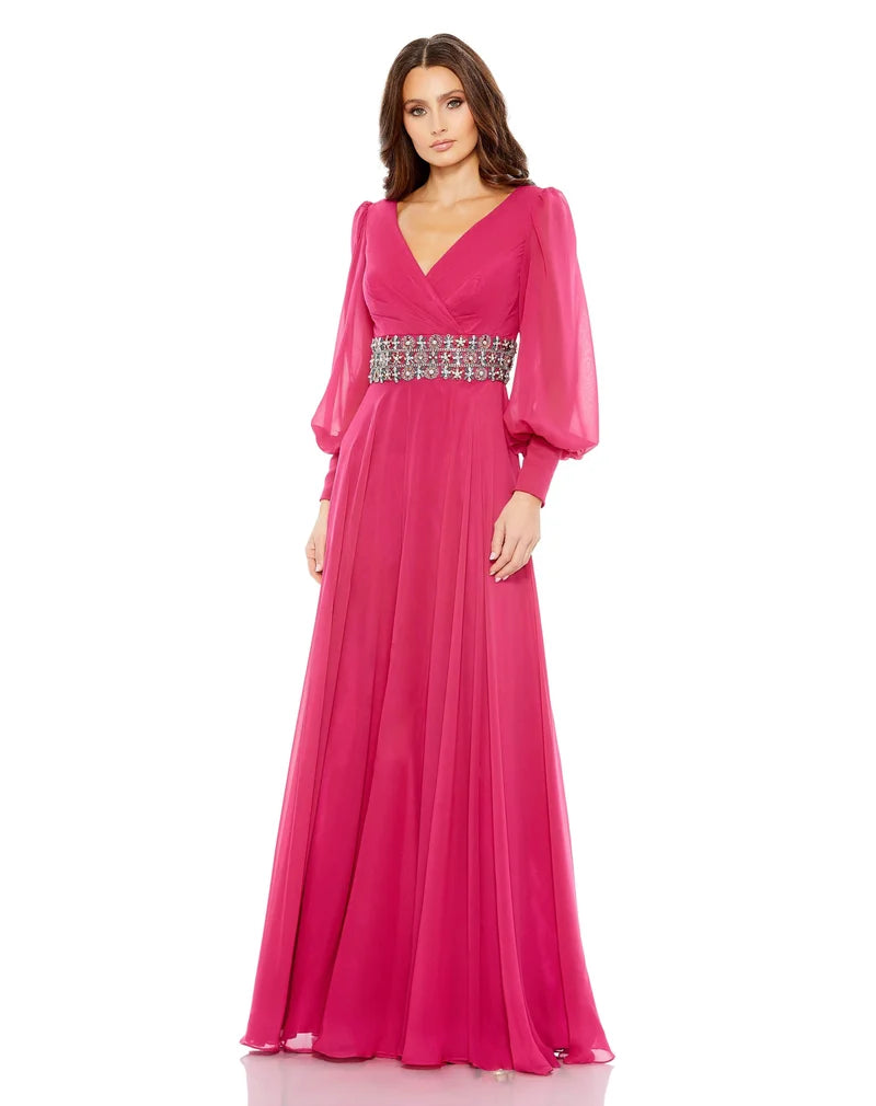 Elegant A-Line V-Neck Long-Sleeve Beaded-Waist Floor-Length Mother Dress