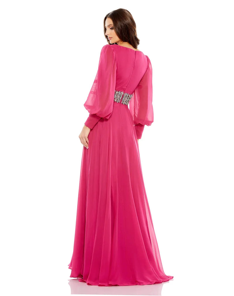 Elegant A-Line V-Neck Long-Sleeve Beaded-Waist Floor-Length Mother Dress
