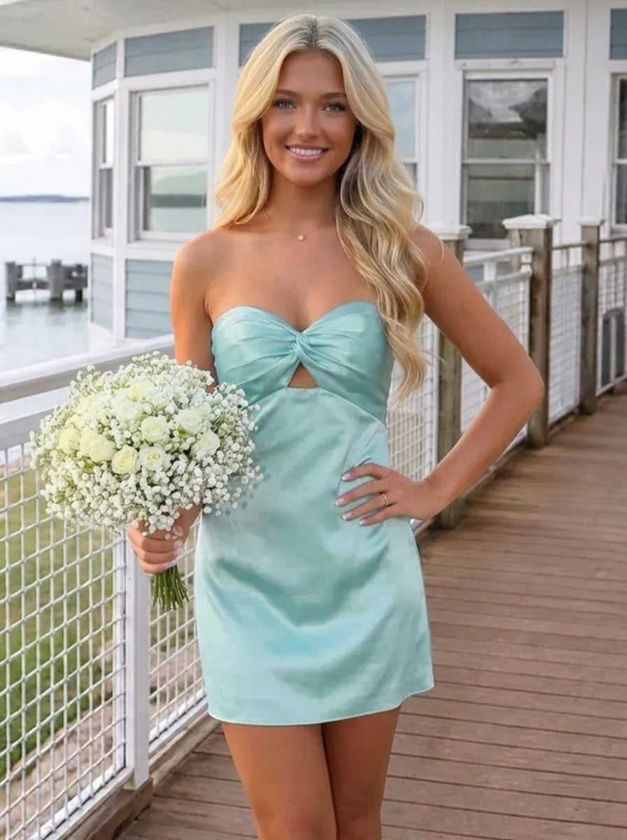 Loverlm mint blue sweetheart satin mini homecoming dress with front cutout