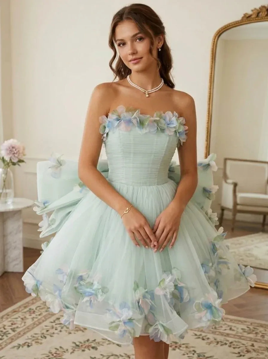 Loverlm mint green strapless mini homecoming dress with 3D floral appliques and full A-line skirt