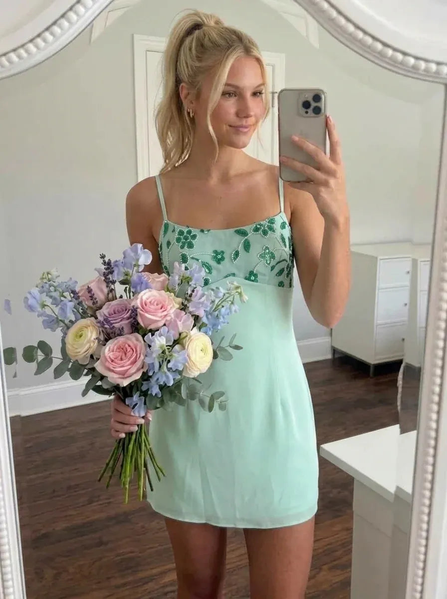 Loverlm mint green beaded floral mini homecoming dress with spaghetti straps