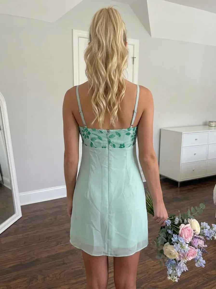 Sparkling A-Line Square-Neck Spaghetti-Strap Zip-Back Beaded Mini Homecoming Dress
