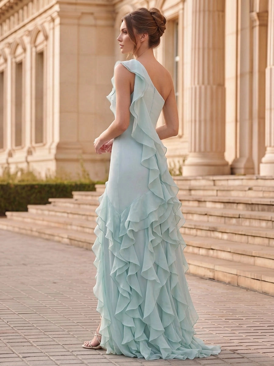 Romantic Chiffon Mermaid One-Shoulder Ruffle Sleeve Closed Back Tiered Floor-Length Prom Dress