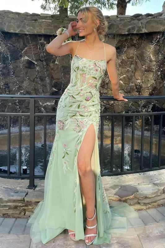 Loverlm mint green floral embroidered tulle prom dress with spaghetti straps, square neckline, fitted silhouette, and high side slit