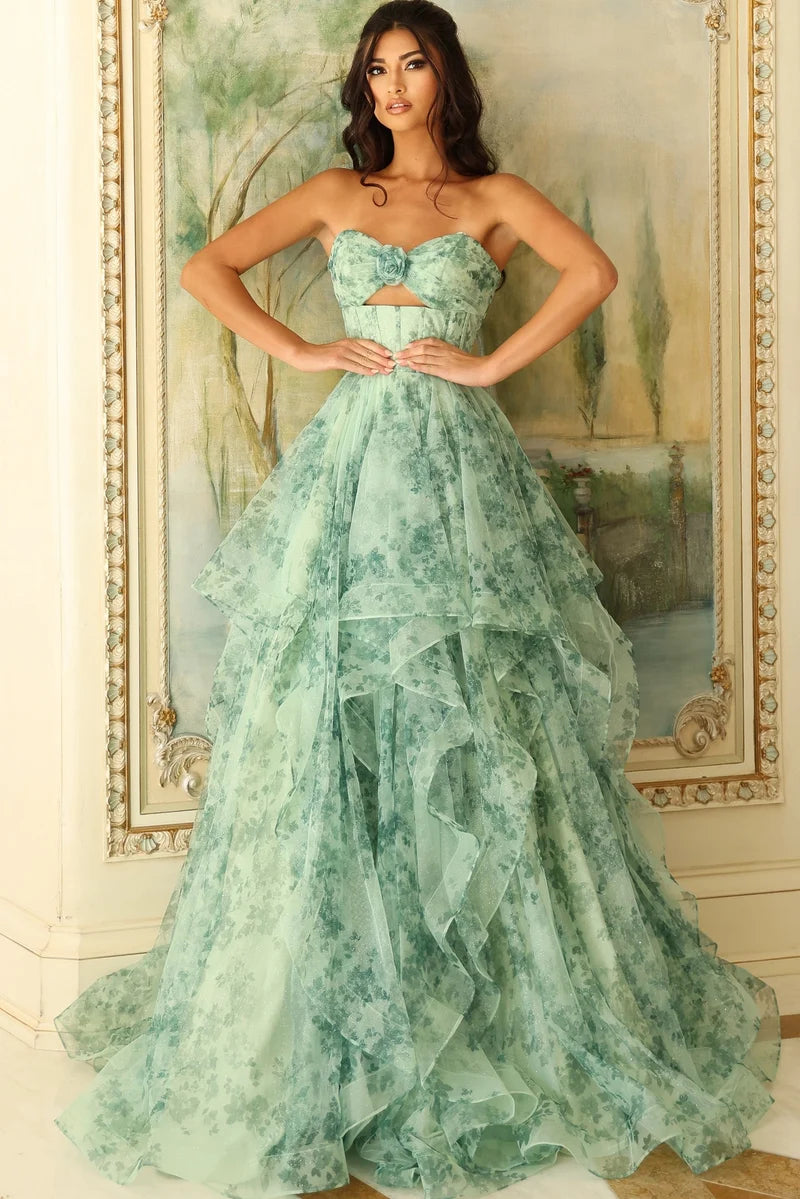 Loverlm mint green floral prom dress with sweetheart neckline corset bodice front cutout and layered waterfall ruffle floor-length skirt