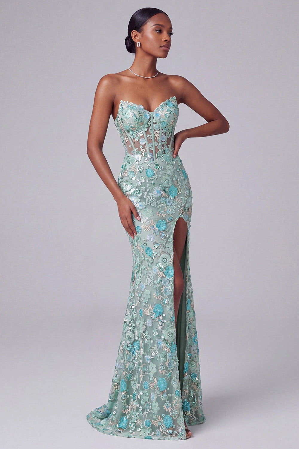Loverlm mint green strapless mermaid prom dress 3D floral sequin high slit formal gown