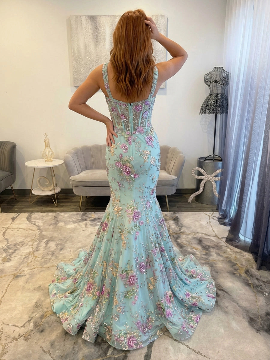 Romantic Embroidered Floral Tulle Mermaid Sweetheart Sleeveless Sheer-Back Prom Dress
