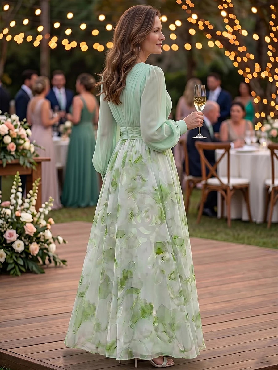 Elegant A-Line V-Neck Long Sleeve Floral Organza Floor-Length Wedding Guest Dress