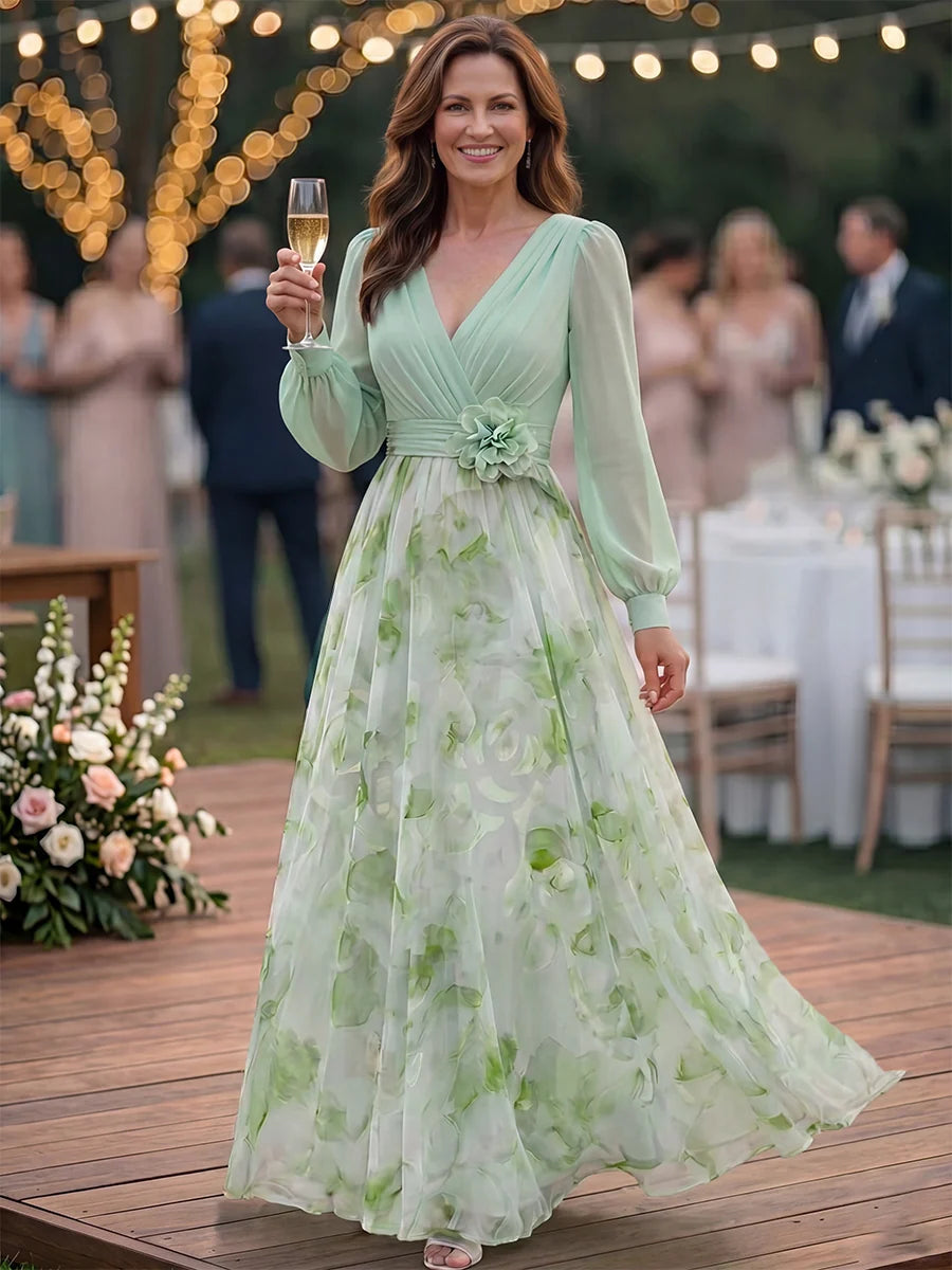 Elegant A-Line V-Neck Long Sleeve Floral Organza Floor-Length Wedding Guest Dress
