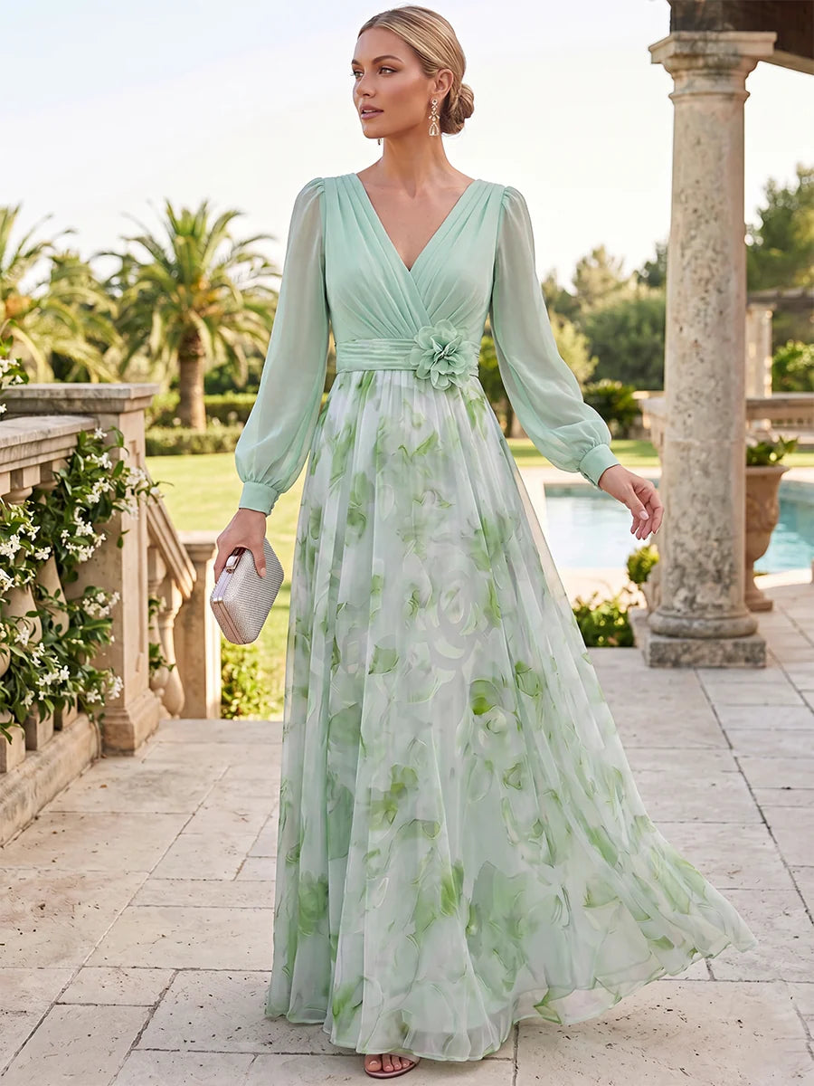 Elegant A-Line V-Neck Long Sleeve Floral Organza Floor-Length Wedding Guest Dress