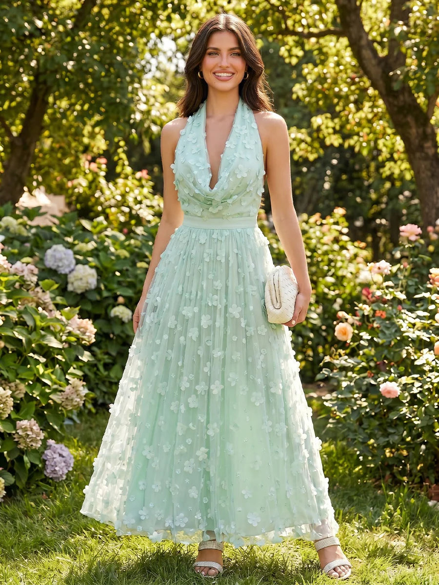 Mint Green Halter Floral Wedding Guest Dress | Loverlm