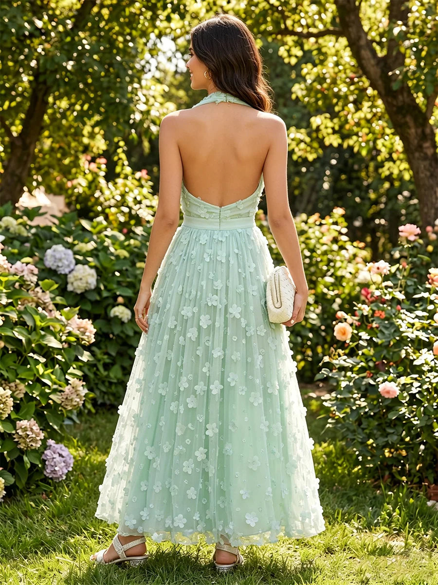 Romantic A-Line Halter Sleeveless Tulle Maxi Wedding Guest Dress