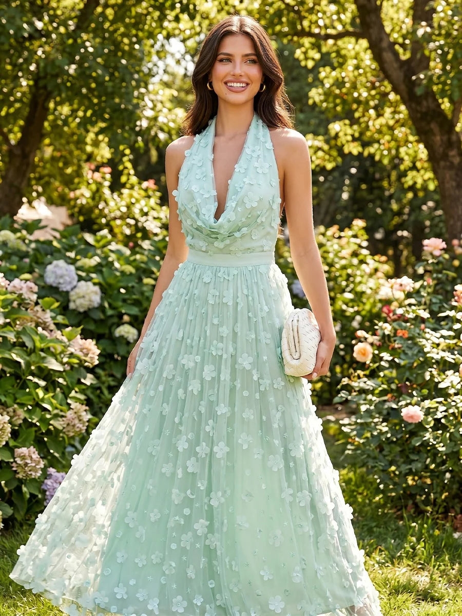 Romantic A-Line Halter Sleeveless Tulle Maxi Wedding Guest Dress