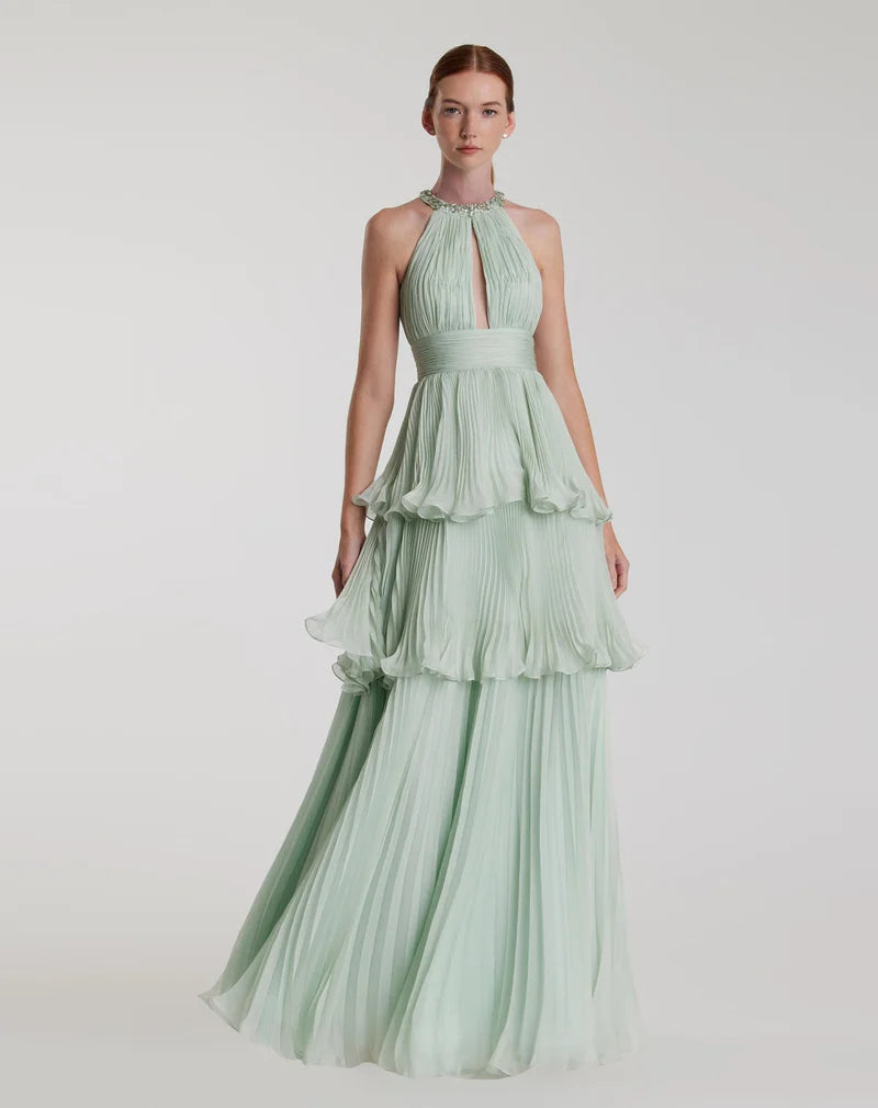 Loverlm mint green halter evening dress with embellished neckline pleated bodice and tiered chiffon floor-length skirt
