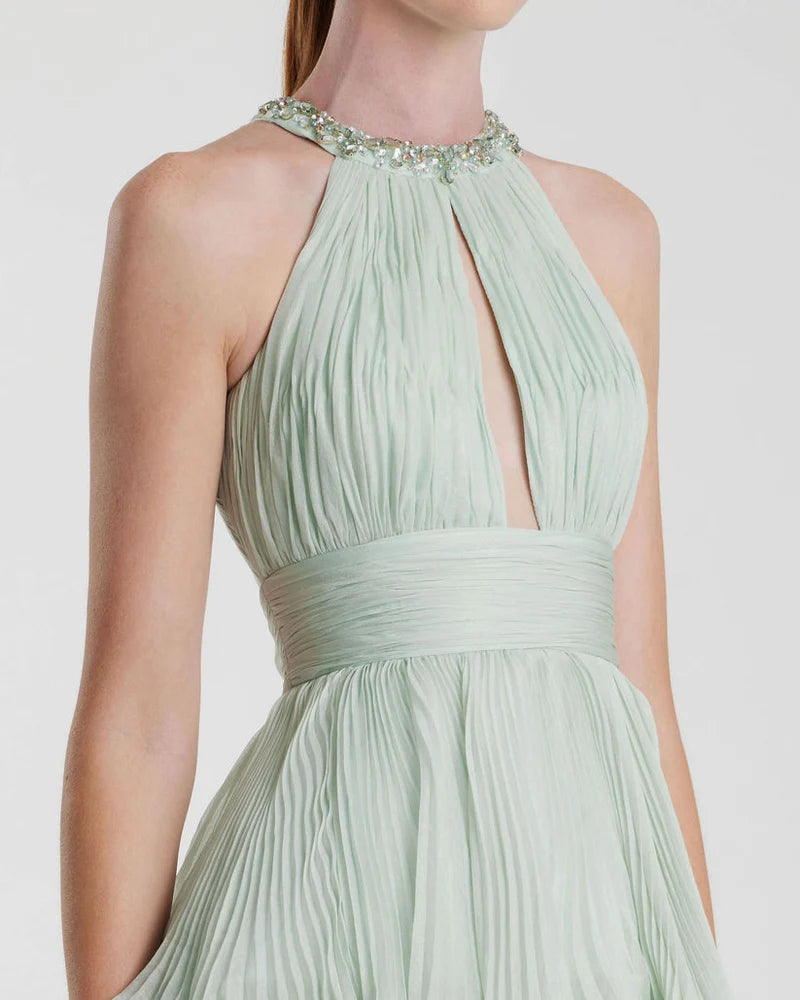 Elegant A-Line Halter Sleeveless Open-Back Chiffon Floor-Length Evening Dress