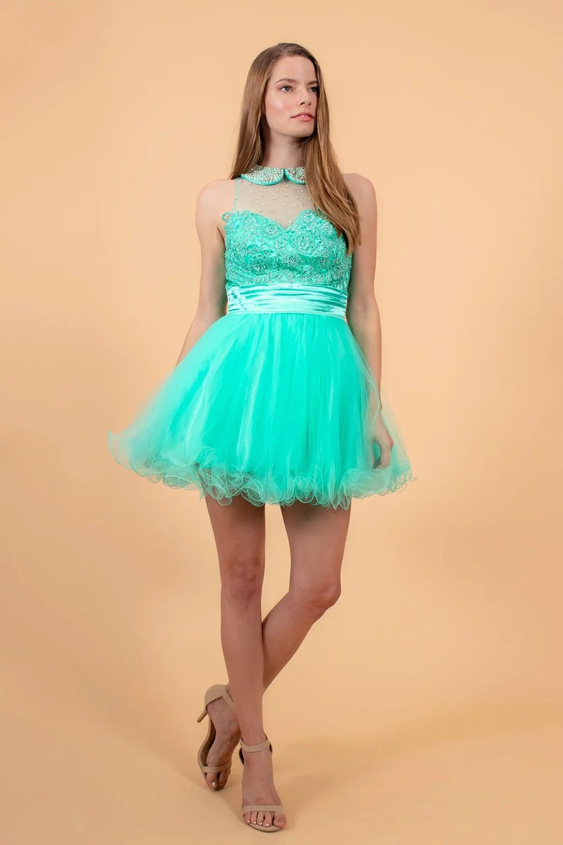Loverlm mint green embellished illusion neck tulle mini homecoming dress front view