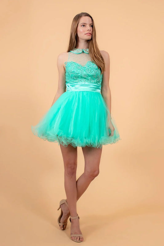 Loverlm mint green embellished illusion neck tulle mini homecoming dress front view