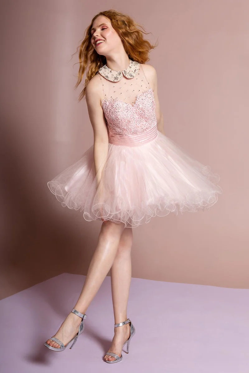 Charming A-Line Illusion-Neck Sleeveless Keyhole-Back Tulle Mini Homecoming Dress
