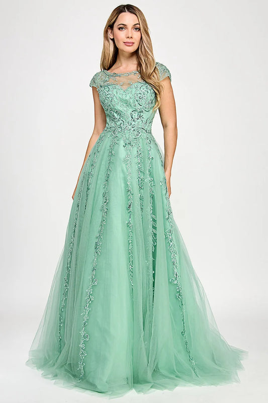 Loverlm mint green illusion neck lace A-line floor-length prom dress front view